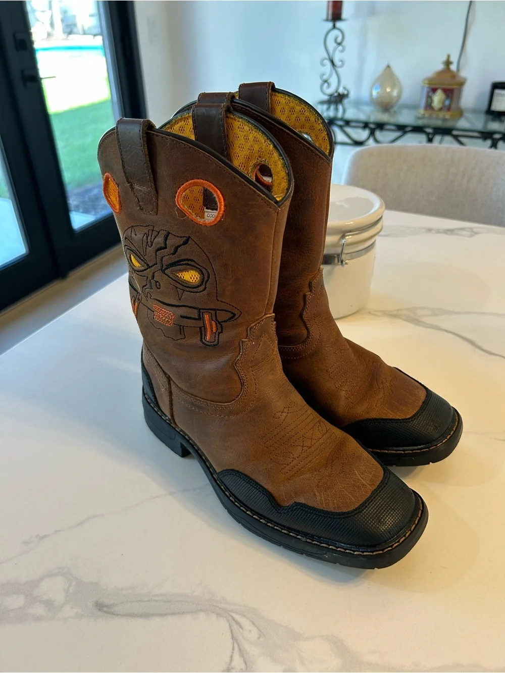 Boys Cody James Brown Leather Work Boots with Orange Accent. Sz 4D